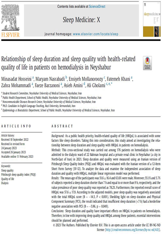 Relationship of sleep duration and sleep quality with health-related quality of life in patients on hemodialysis in Neyshabur